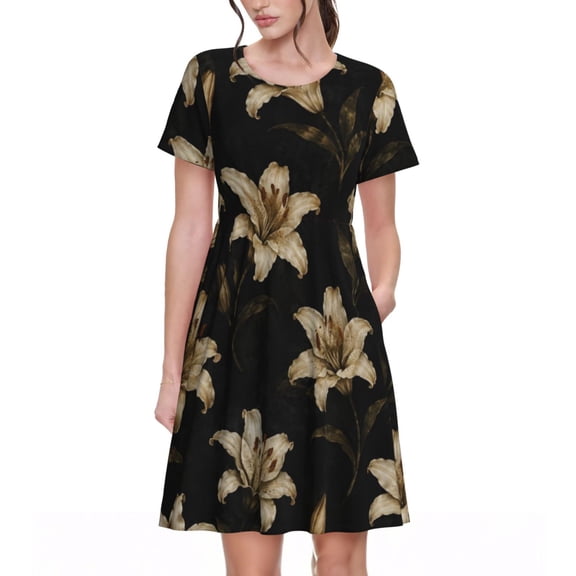 Black Lily Floral Dresses Short Sleeve Nightdresses for Women