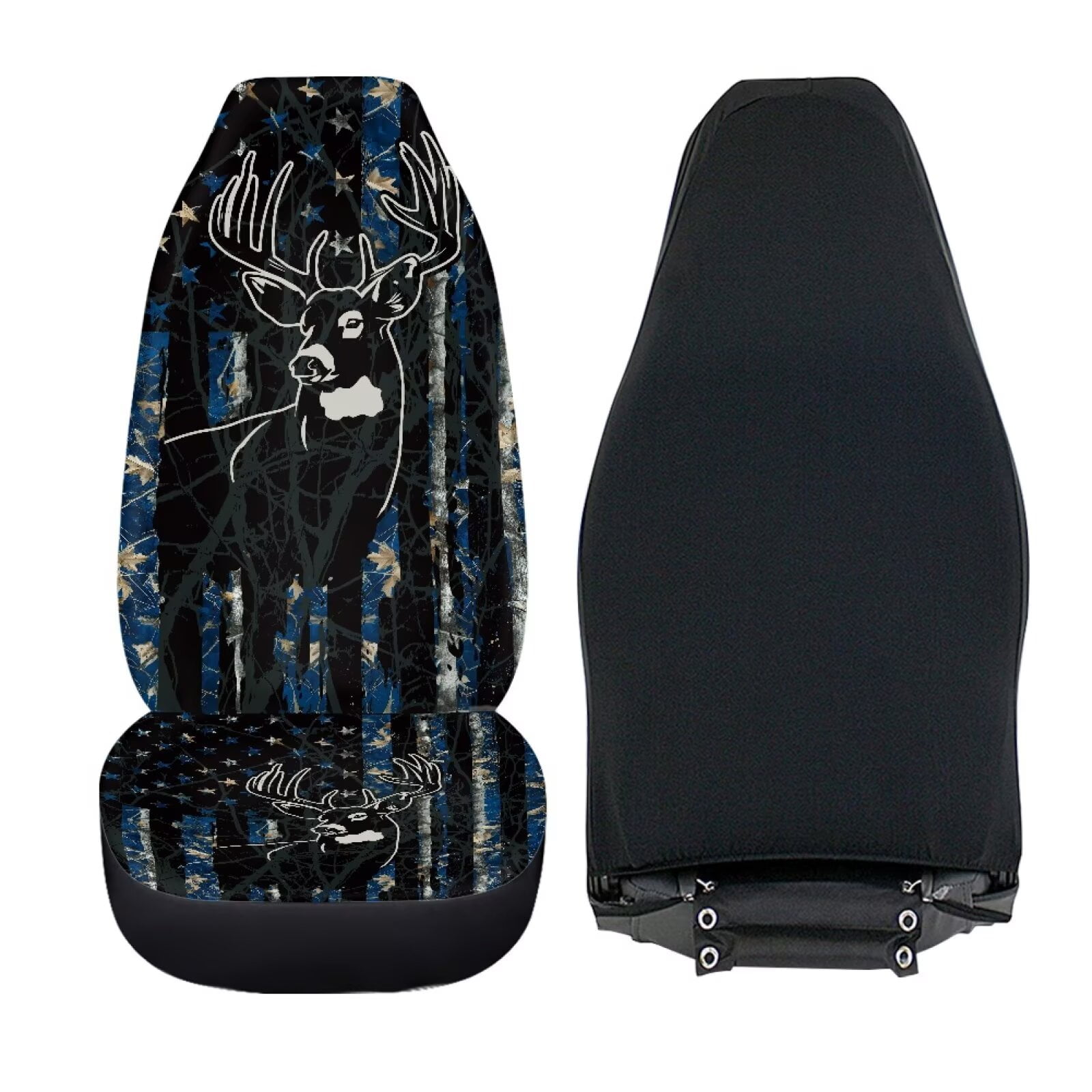 Binienty Camo Deer Front Auto Seat Covers American Flag Soft Cloth Bucket Seat Covers Breathable Anti-Slip Anti-Wear Elastic Easy to Install Universal Vehicle Accessories