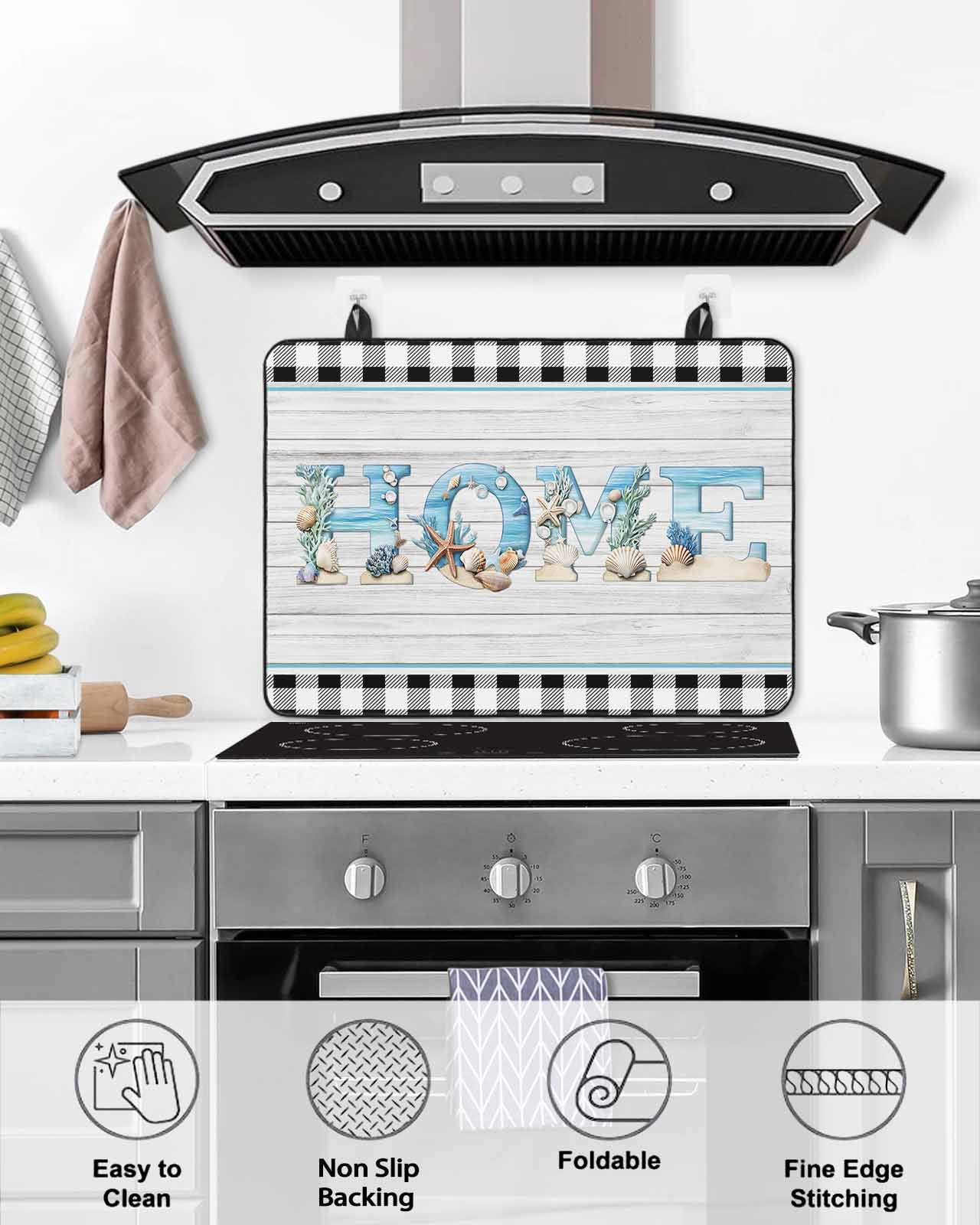 nqOlkjepod Large Induction Cooktop Protector Mat 24"x21", Coastal Beach Stove Top Covers for Electric Stove, Summer Wood Grain Black White Plaid Stove Burner Cover Mats, Glass Top Stove Cover