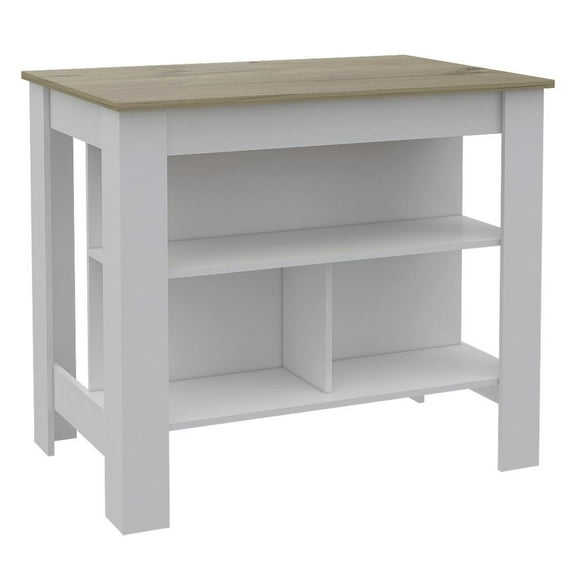 Delos Modern Minimal Kitchen Island with Four Legs, Three Shelves - White / Light Oak