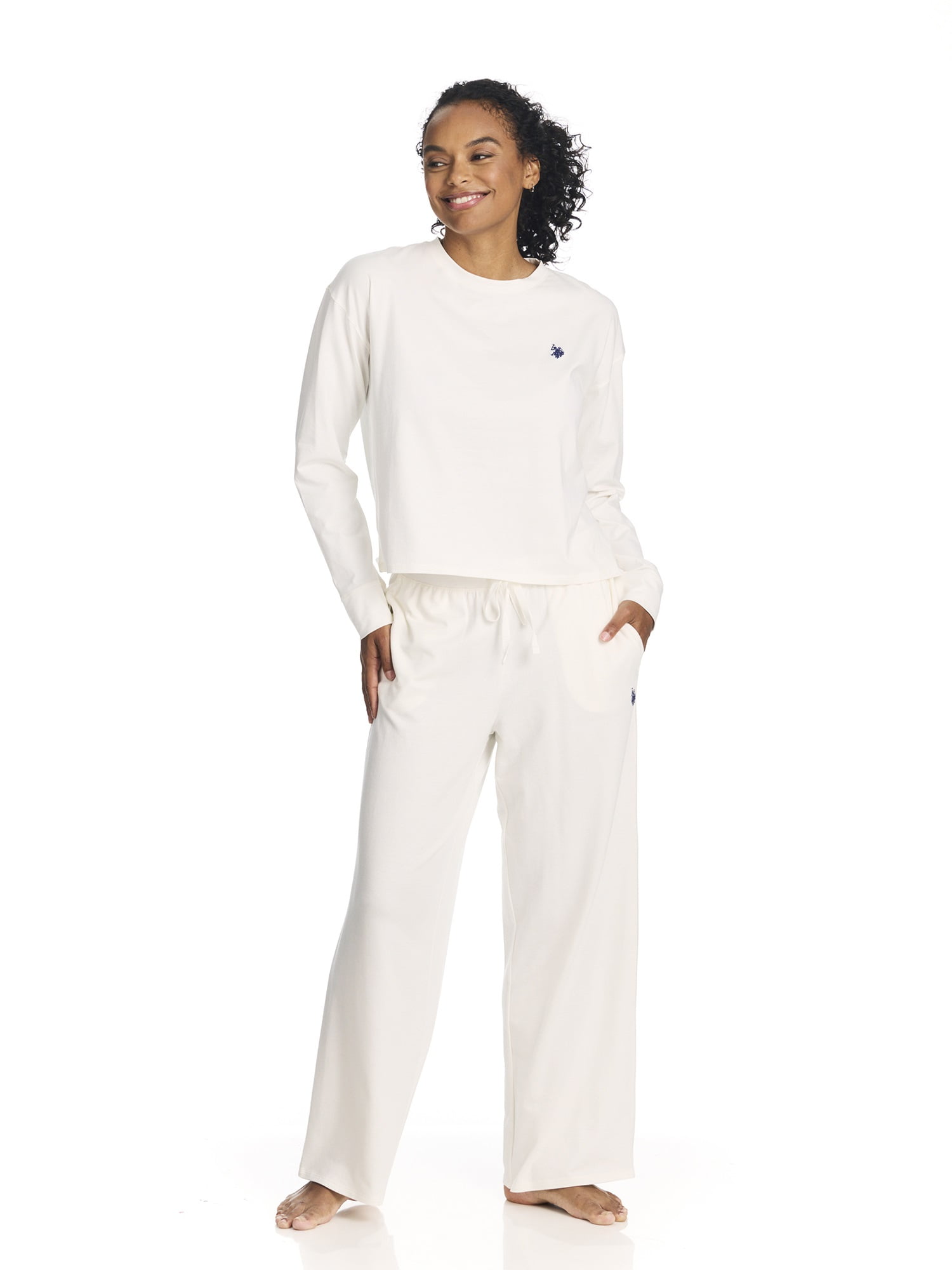U.S. Polo Assn. Women's Long Sleeve Cotton Span Top and French Terry Wide Leg Pant Pajama Sleep Set, 2-Piece, Sizes S-3X