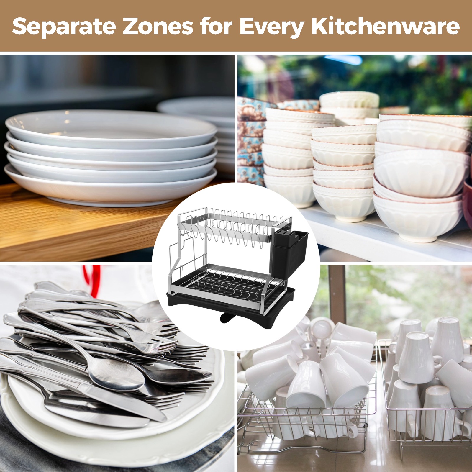 2 Tier Dish Drying Rack 304 Stainless Steel, Large Capacity Dish Rack with Drainboard and Utensil Holder, Cup Holder, Cutting Board Holder, 16.5 x 11.8 x 13.2 in