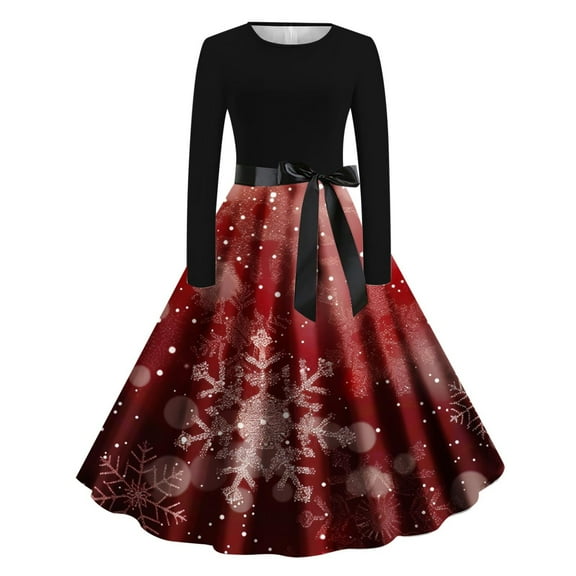 Lorytime Midi a Line Dresses for Women Christmas Snowflakes Crew Neck Elegant Dress Long Sleeve Party Dresses with Belt