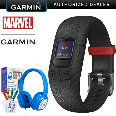 Garmin Vivofit jr. 2 Spiderman Band Adjustable Activity Tracker for Kids, Black (010-01909-37) with Bonus Deco Gear Kids Safe Ears (Best Activity Tracker For Kids)