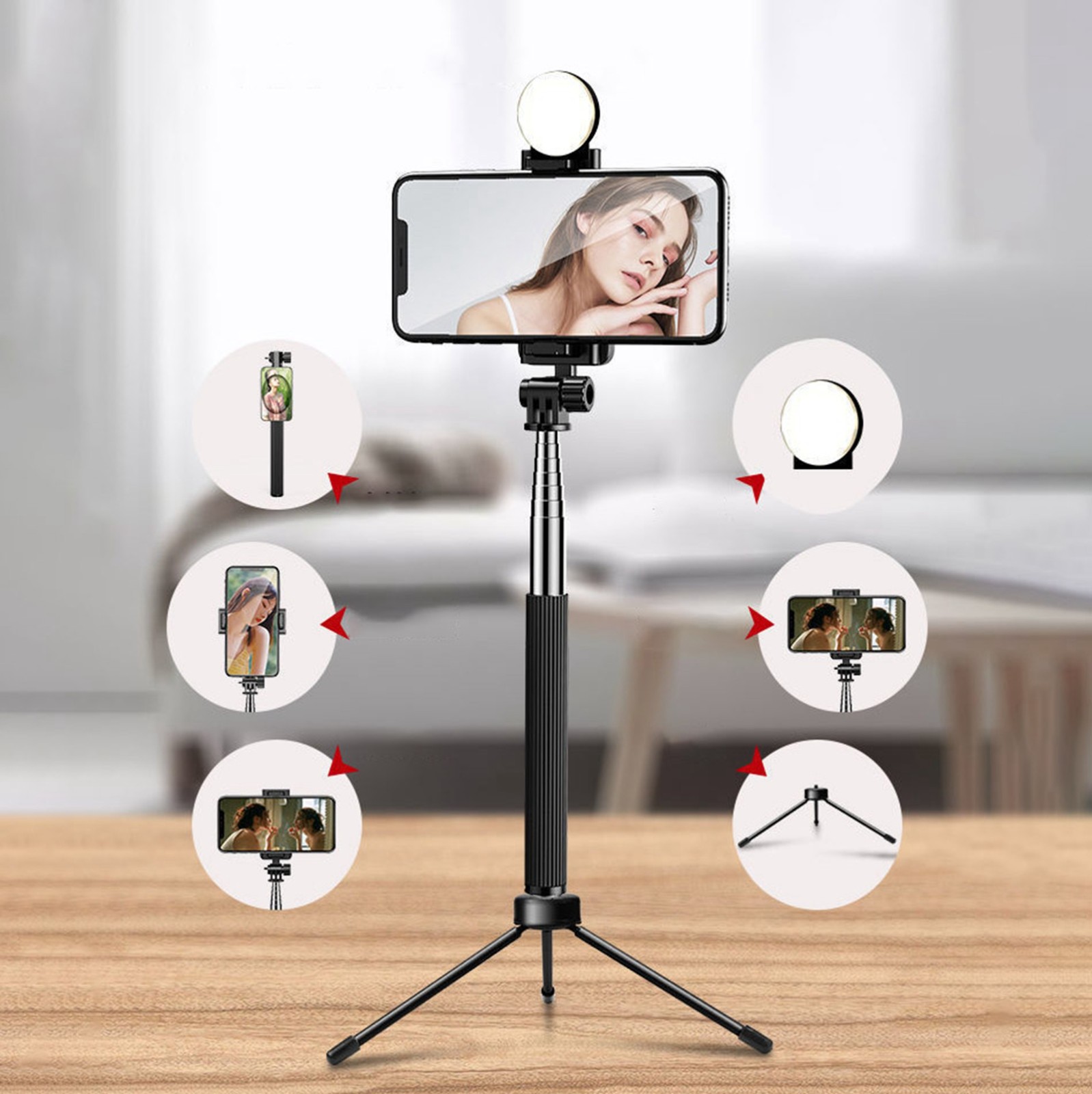 Linjieee Selfie Pole With Tripod Integrated Multifunctional Pan Tilt ...