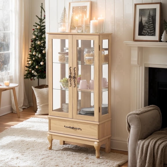 CKEASEAN 52" Lighted Accent Curio Cabinet with 2 Glass Doors & 1 Drawer, 3-Tier Antique Cabinet with Tempered Glass Adjustable Shelves & Drawer, Storage Display Case for Living Room, Bedroom,Office