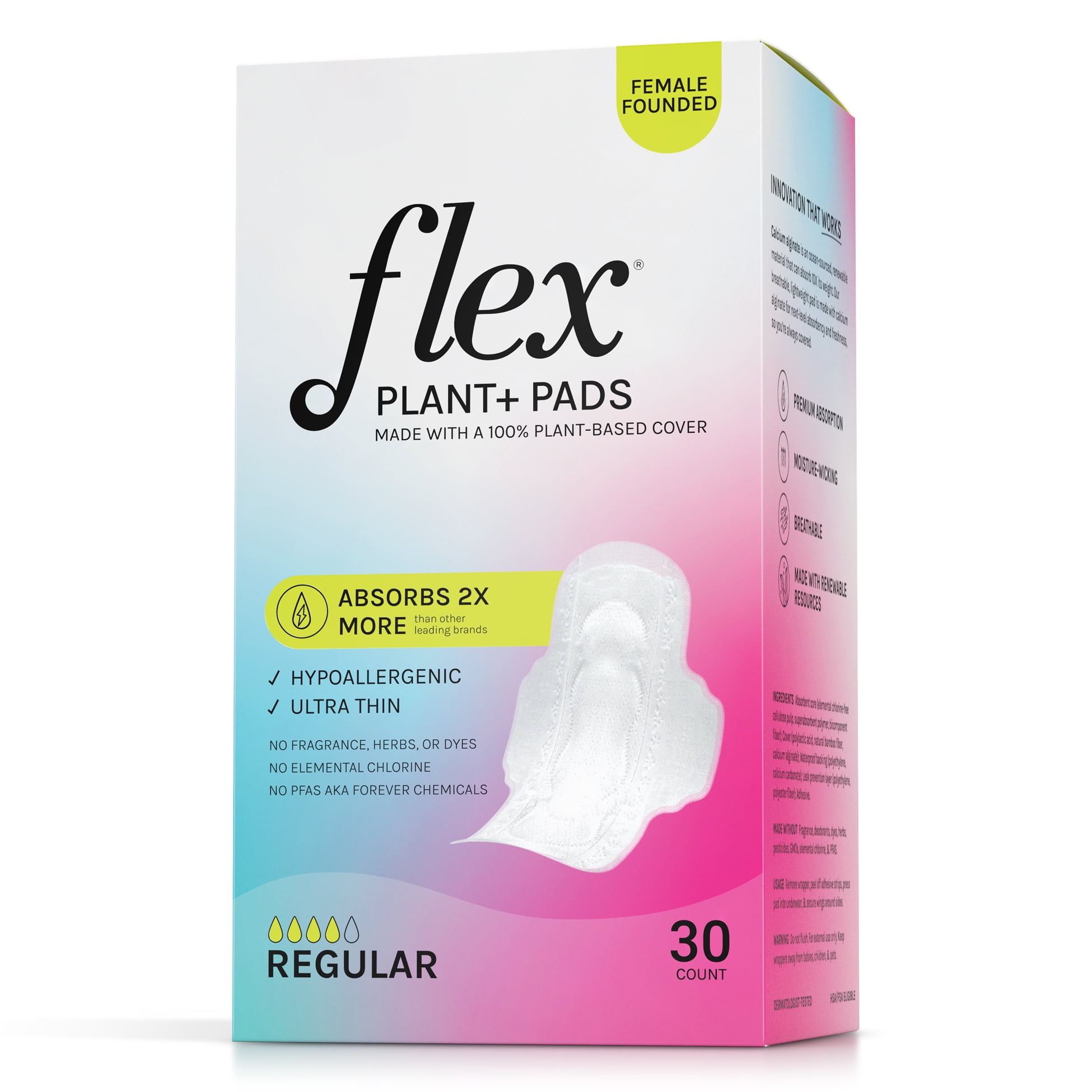 (6 pack) Flex Plant+ Pads with Wings, Regular, Heavy Absorbency, Ultra Thin, Unscented, 30 Count, Hypoallergenic