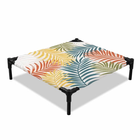 Yellow Green Palm Leaves Elevated Dog Bed Summer Botanical Vintage Tropical Leaf Rustic Cooling Breathable Outdoor Raised Dog Cot Bed with Metal Frame Non-Slip Feet for Small Dog 20x20in