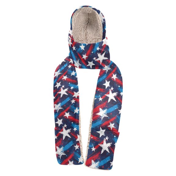 BZSMCE 3‑in‑1 Hooded Scarf with Pockets Soft Plush Lined Winter Hat Scarf Gloves Combo Cool Star Pattern Print Warm Neck Wrap for Outdoor Skiing Walking