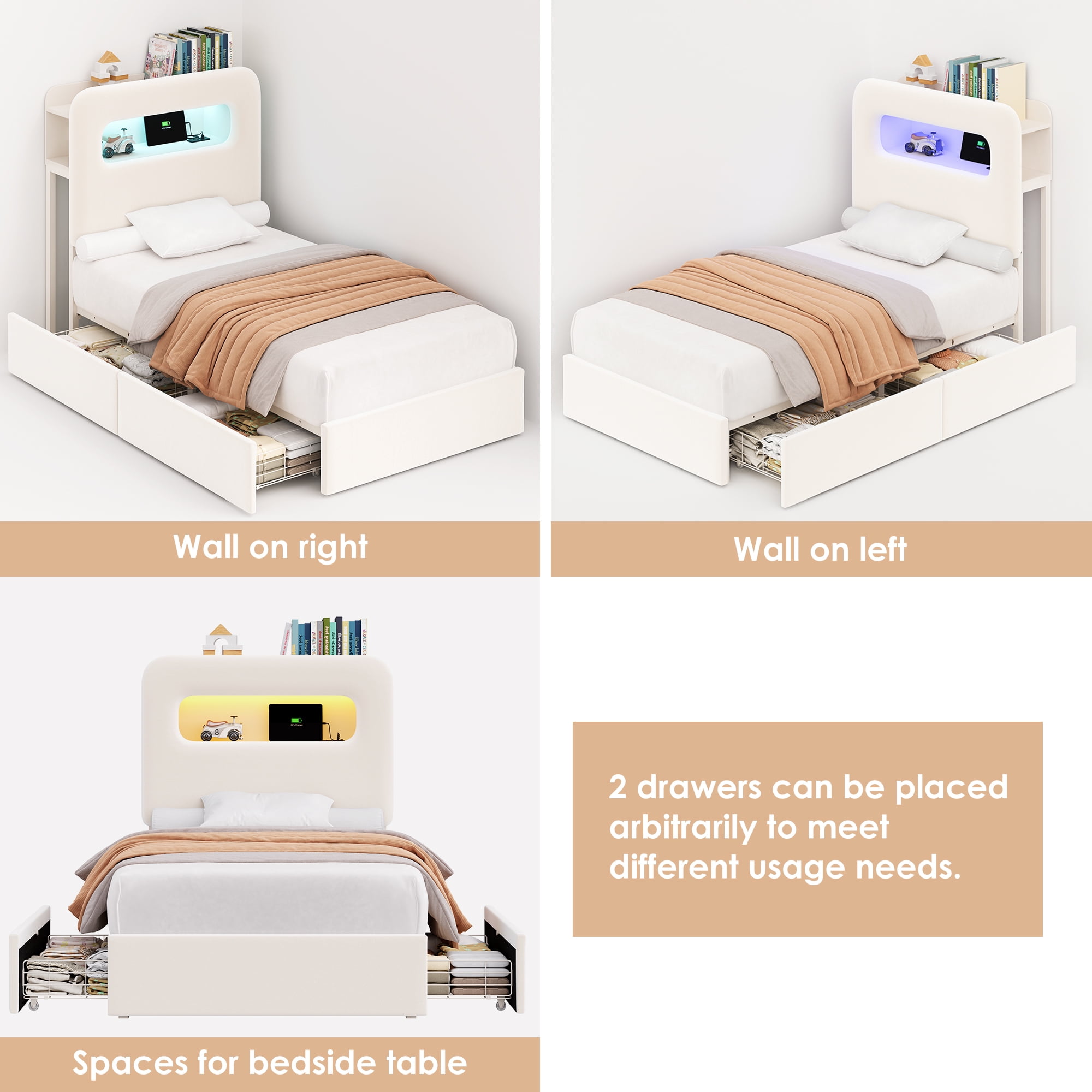 Homfa Twin Bed Frame, Velvet Upholstered Platform with LED