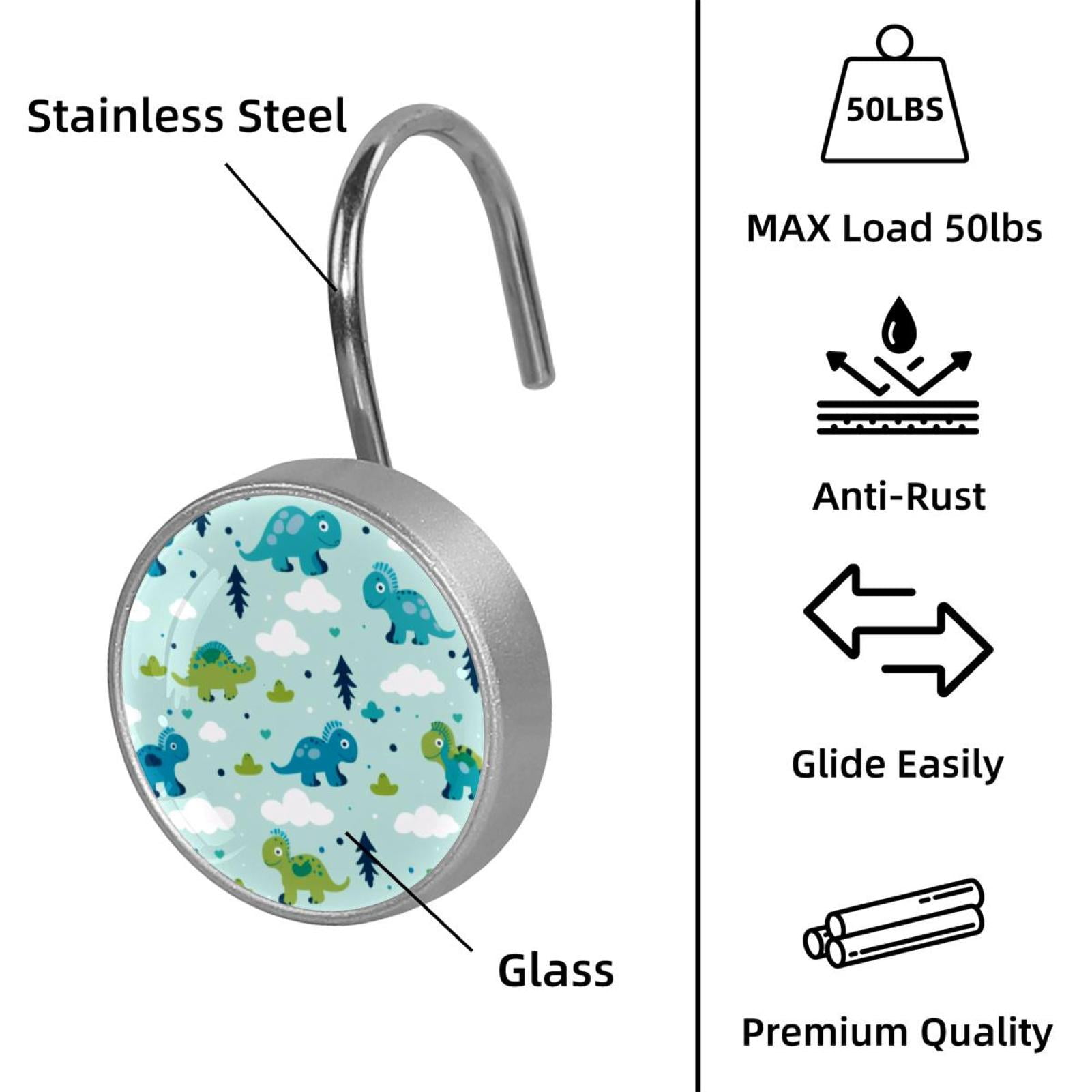 12pcs Decorative Shower Curtain Hooks, Rust Resistant Shower Rings for Bathroom Living Room,Rustproof Stainless Steel Rings for Shower Curtain and Liner Rods,Cartoon Dinosaurs Trees Blue