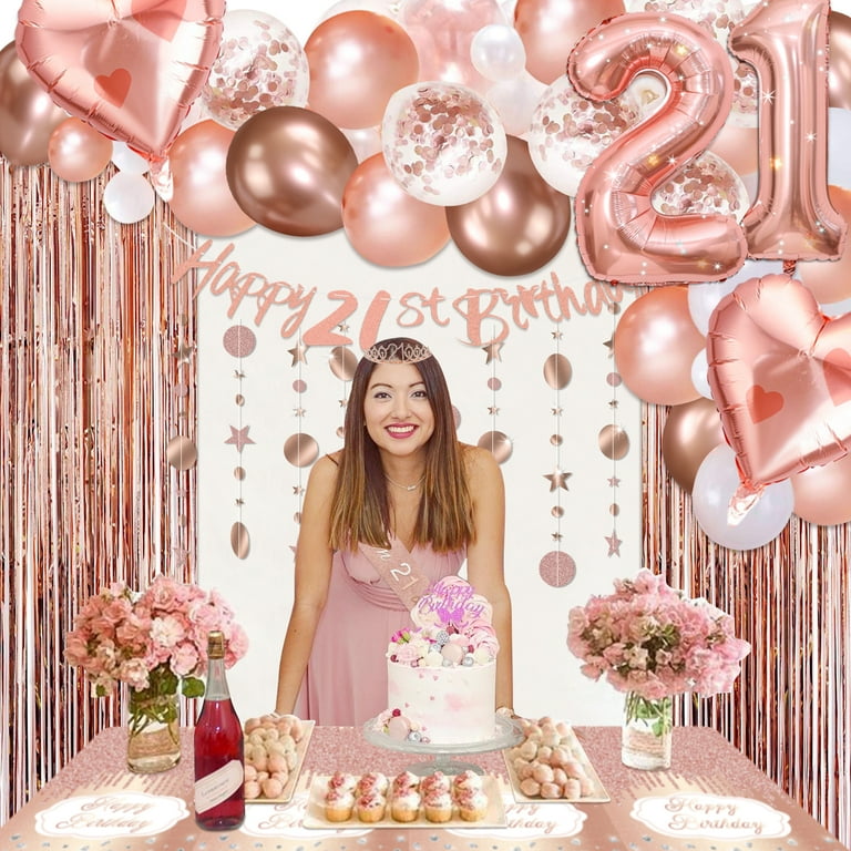 Rose Gold Birthday Decorations - 21st Birthday Decorations, Rose Gold  Banner, Balloon, Tablecloth, Fringe Curtain, Tiara Headband, Glitter  Birthday Sash, for Women Girls Princess Party Supplies - Walmart.com