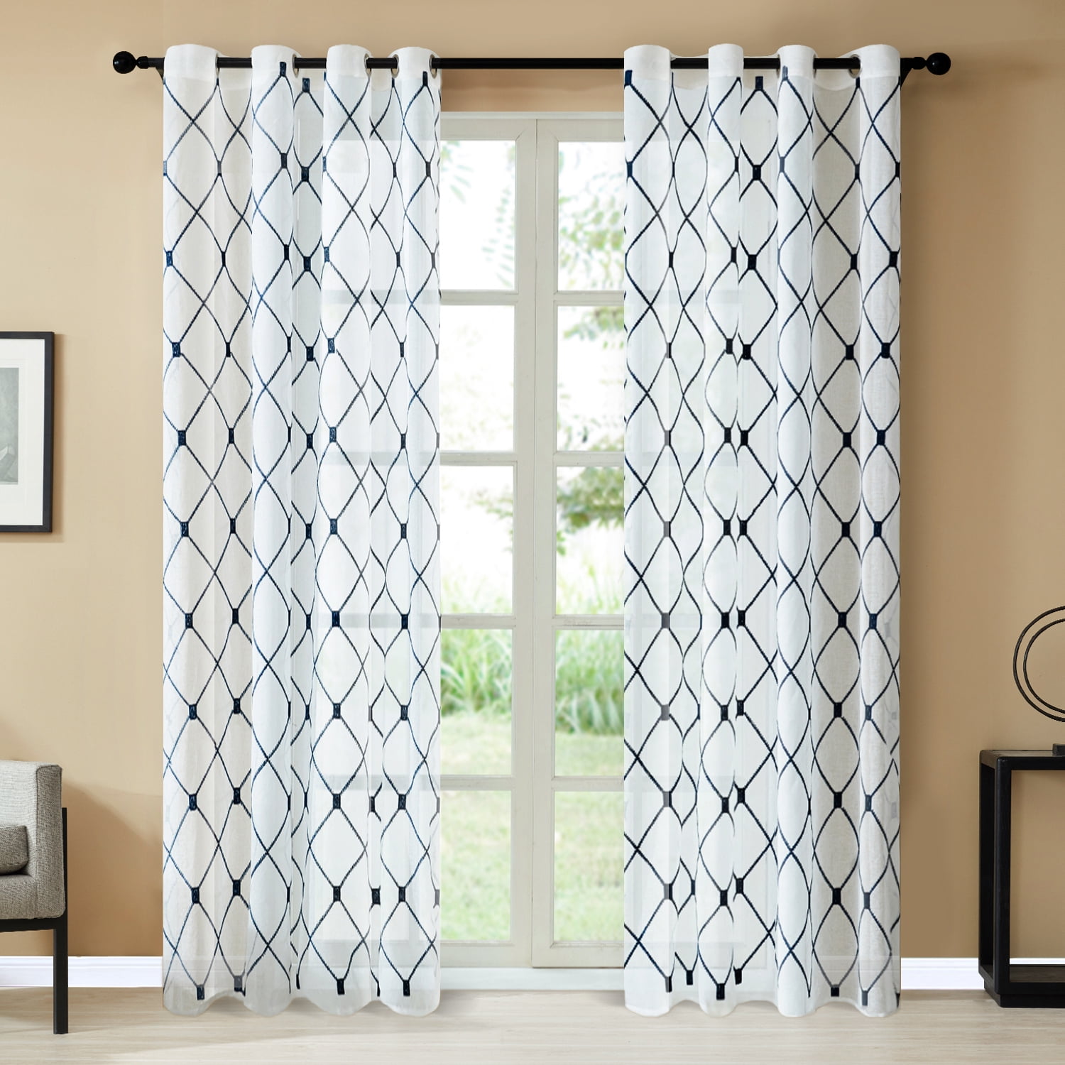 Topfinel White Sheer Curtains 90 Inches Long Navy Blue Embroidered Topfinel White Sheer Curtains 90 Inches Long Navy Blue Embroidered