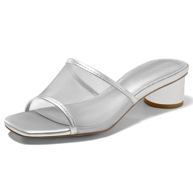 mules slide sandals coutgo mesh con tacón grueso para mujer Plateado, mule de malla con punta cuadrada abierta y tira ancha frontal, vista 3/4 lateral mostrando tacón grueso de 1.46 pulgadas (aprox.), plantilla ligeramente acolchada y suela con borde marrón, sin cordones, talla 8.5; adecuado para verano y combinable con vestidos o jeans, también suele usarse para salidas informales.