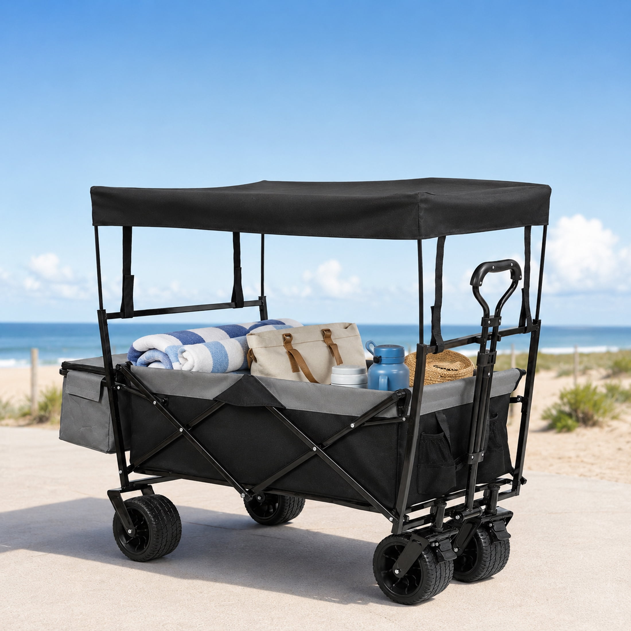 Heavy Duty Folding Wagon with Canopy, 480 lbs Collapsible Wagon Stroller with Mosquito Net, 7"x4" All-Terrain Wheels for Camping, Garden, Black