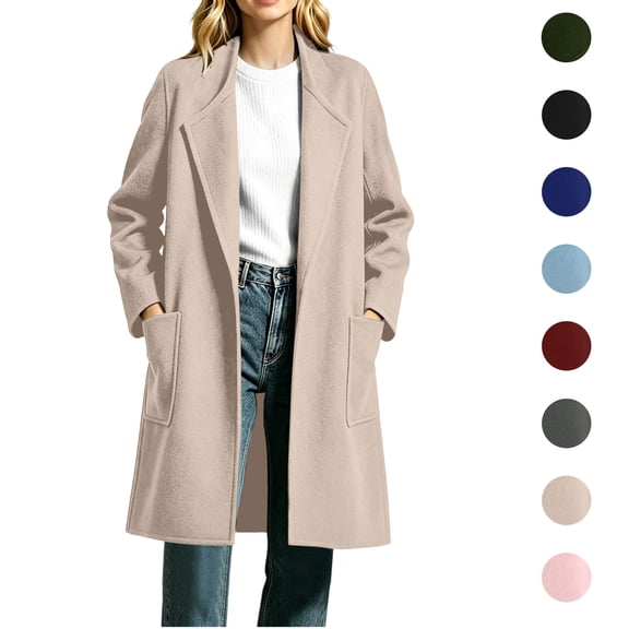 Jovrlynd Womens Lapel Open Front Long Wool Winter Coat with Pockets, S-2XL