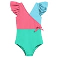 thumbnail image 4 of YTCAMLO Little Girls One Piece Swimsuits Summer Fashion Color Block Patchwork V Neck Ruffle Sleeve Bathing Suits Quick Dry Beach Swimwear, Green 15-16 Years, 4 of 8