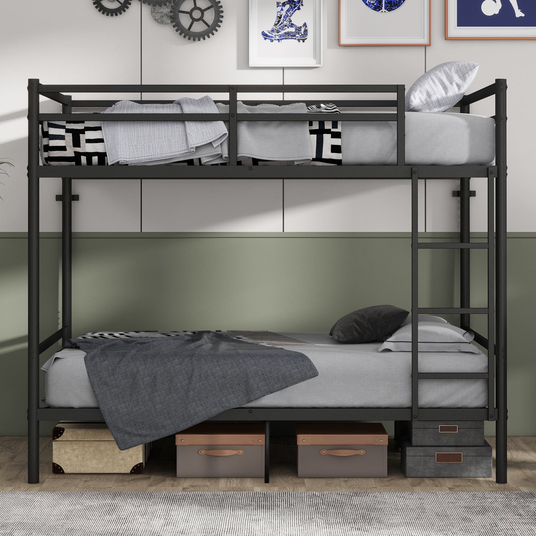 Leumius Metal Bunk Bed Twin Over Twin,Heavy Duty Steel Bunk Beds with Ladder & Full Guardrail,Black