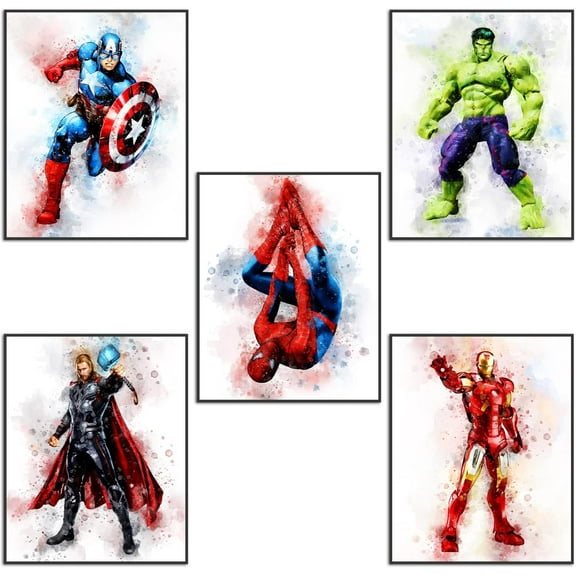 Superhero Watercolor Canvas Wall Posters Room Decor for Boys - Wall Art Set of 5 for Nursery, Kids Bedroom 8x10 inch Unframed