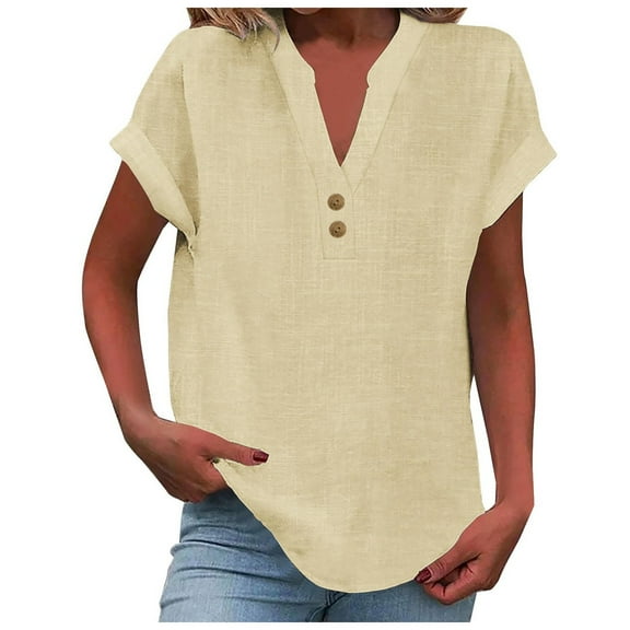 Womens Henley Summer Tops Essentials Solid Color Short Sleeve Two Button V Neck Blouse Dressy Shirts Casual 2025 Trendy T-Shirts
