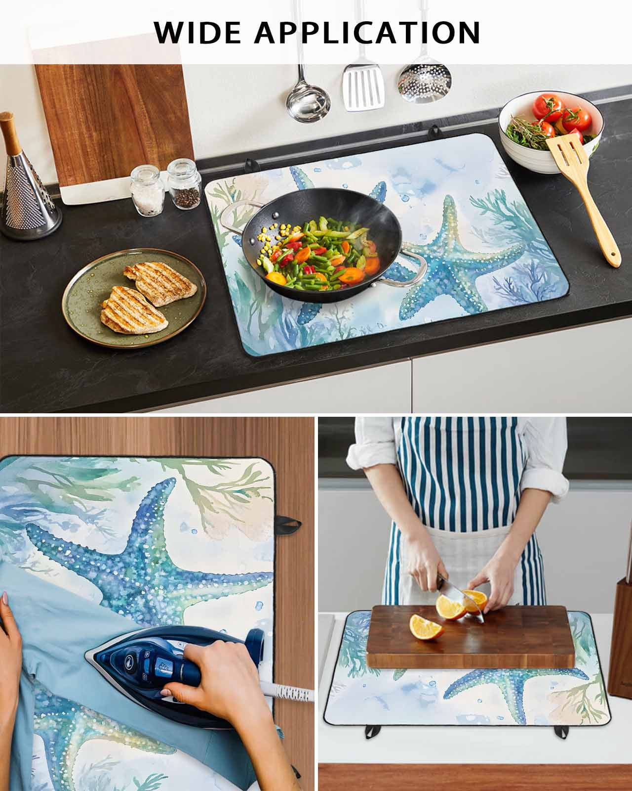nqOlkjepod Large Induction Cooktop Protector Mat 24"x21", Teal Blue Summer Coastal Stove Top Covers for Electric Stove, Ocean Watercolor Coral Starfish Stove Burner Cover Mats, Glass Top Stove Cover