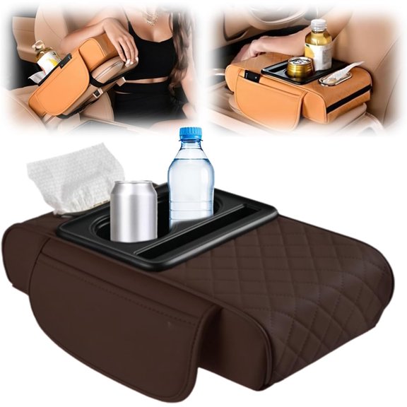 Car Armrest Cushion, Upgrade Car Center Console Cover with 2 Storage Bags Cup Holder Tissue Box Slot Phone Slot, Universal Car Armrest Storage Box Car Interior Accessories (Brown)