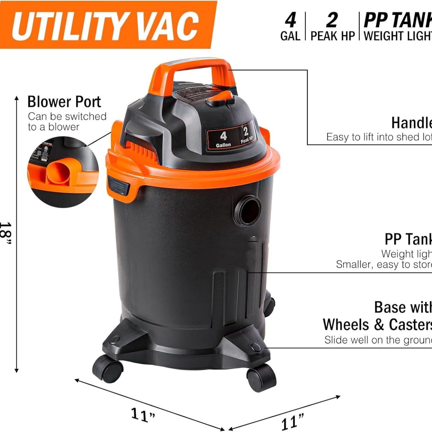 4 Gallon Wet/Dry Vac 2.0 Peak HP Shop Vacuum with Nozzles & Brush,Black/Orange