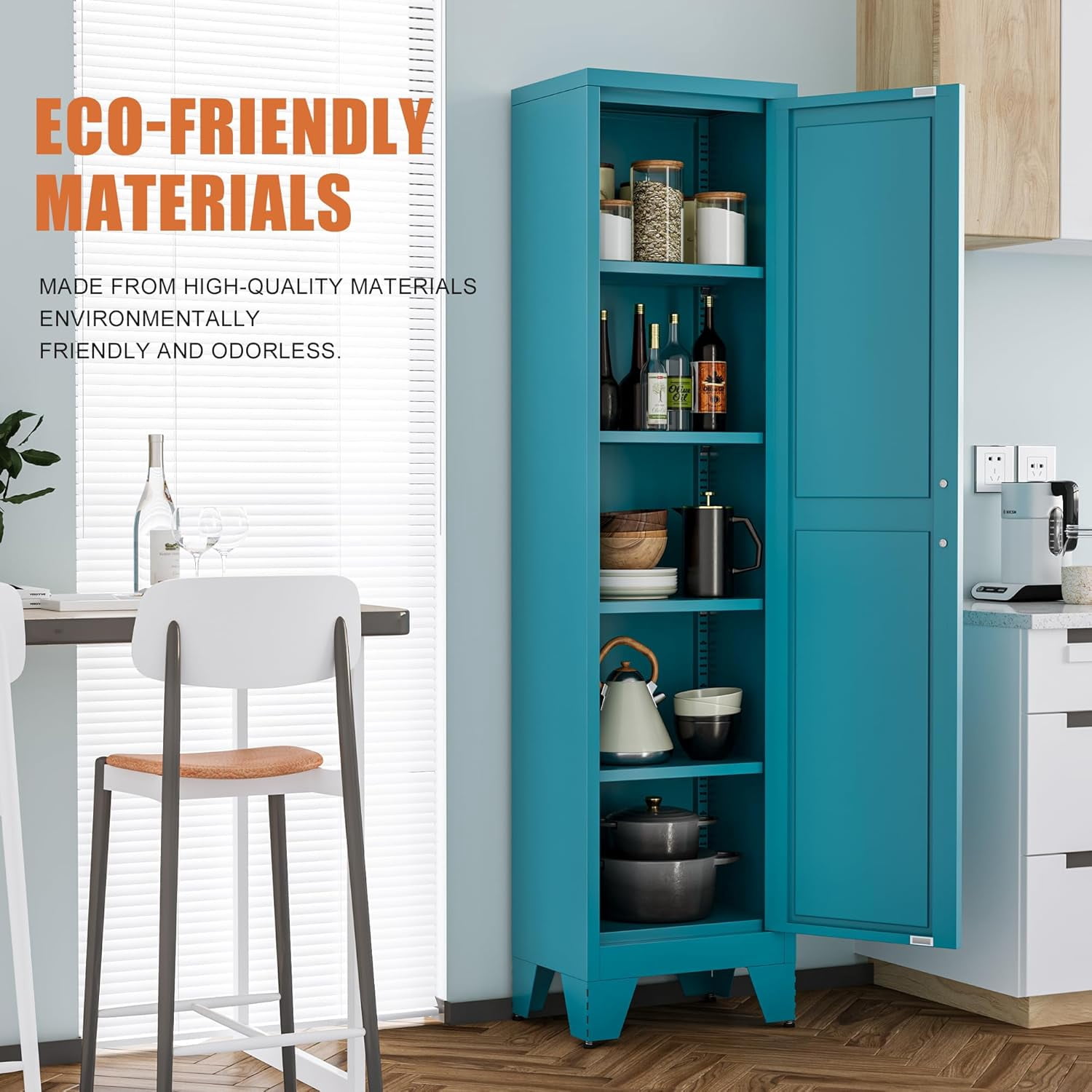 Elegant 67"H Tall Bathroom Cabinet,Narrow Metal Storage Cabinet with 5 Adjustable Shelves and Single Barn Door for Bathroom,Kitchen,Entryway,Blue