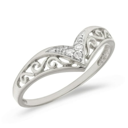 - 10K White Gold Filigree Band Diamond Chevron Ring