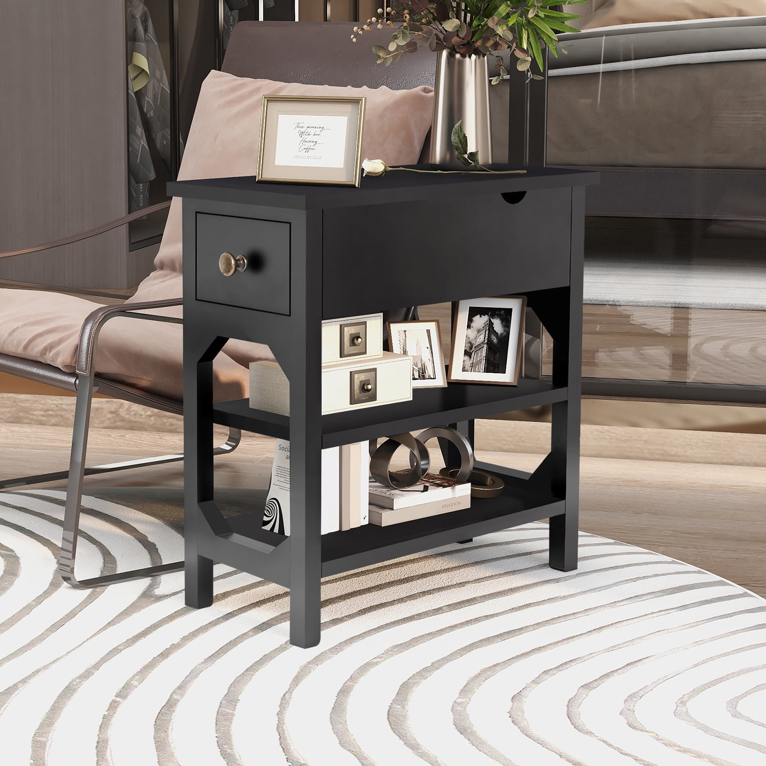 Flip Top Side Table with Drawer, Narrow End Table with 2-Tiers Open