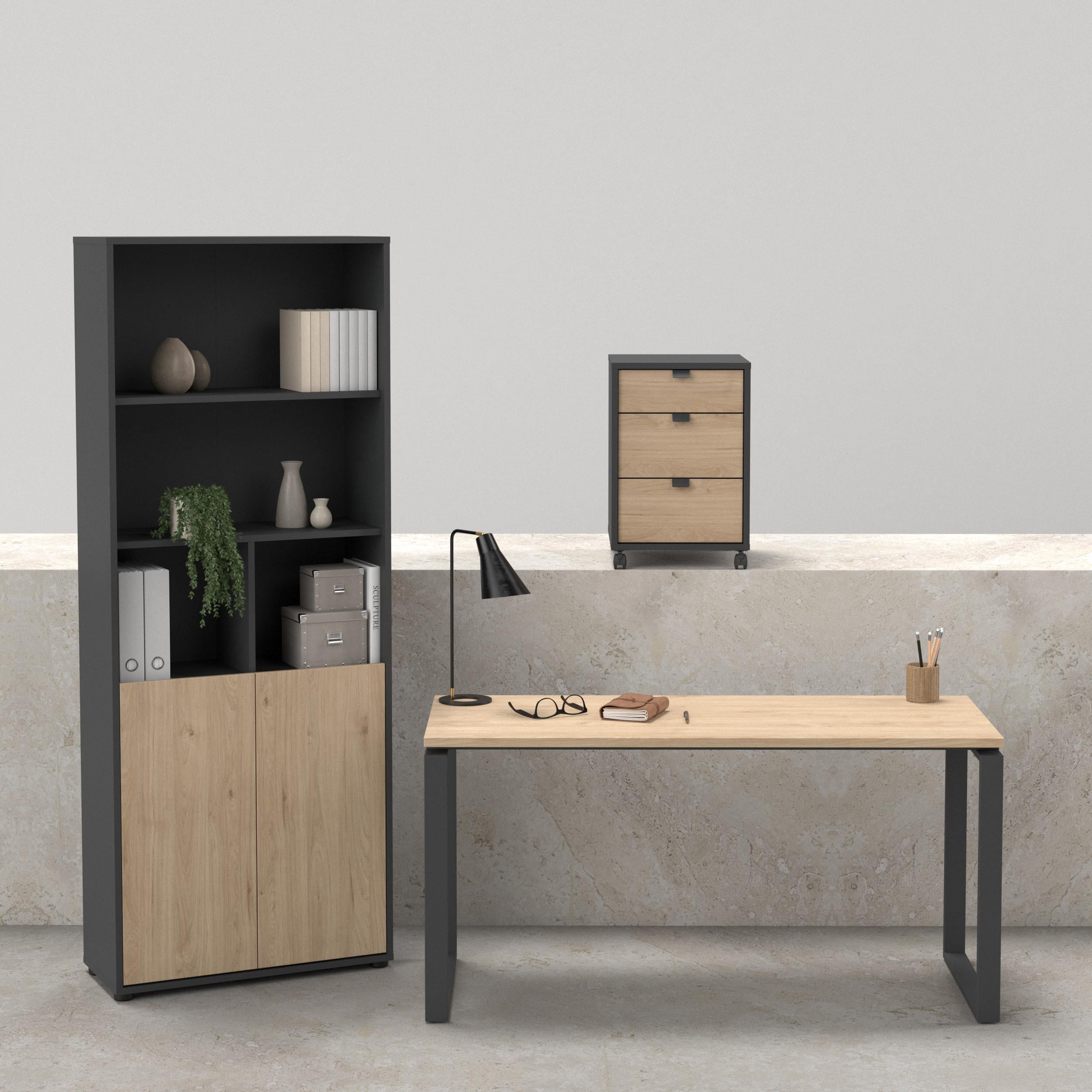 Tvilum Sign 3-Piece Home Office Set with Desk, Storage Bookcase and Mobile Storage, Matte Grey and Jackson Hickory