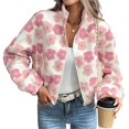 thumbnail image 2 of Women'S Zip Up Fleece Crop Jacket Long Sleeve Cute Floral Outerwear Coats Fall Winter Outfit Pink L, 2 of 9