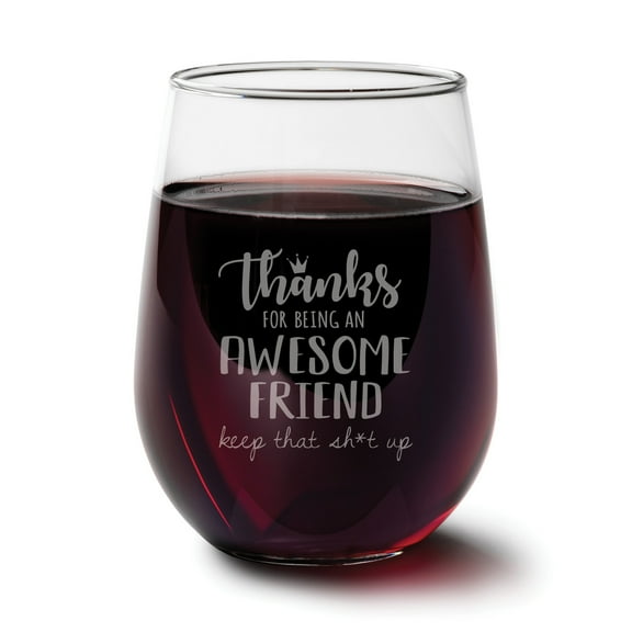 Personalized Planet Thanks Awesome Friend Stemless Wine Glass | Humorous Message on Frosted Glass
