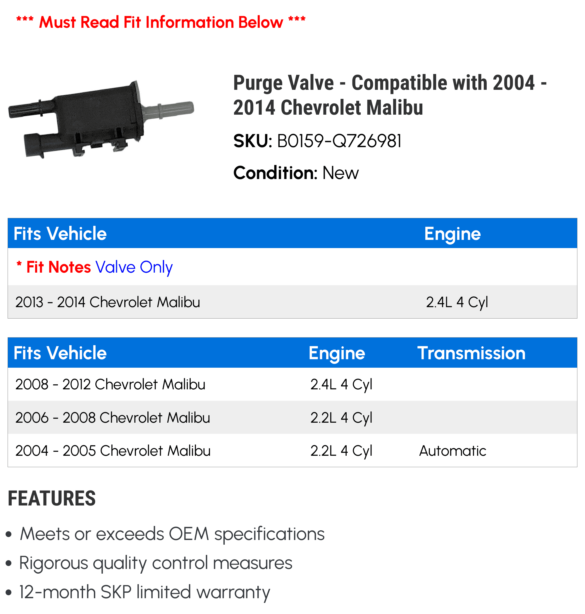 Purge Valve - Compatible with 2004 - 2014 Chevy Malibu 2005 2006 2007 2008 2009 2010 2011 2012 2013