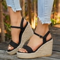 thumbnail image 3 of Rokment Womens Espadrilles Wedge Dressy Sandals Beach Trendy Casual Suede Open Toe Ankle Strap Platform Chunky High Heel Dress Summer Shoes Black Size 7, 3 of 6