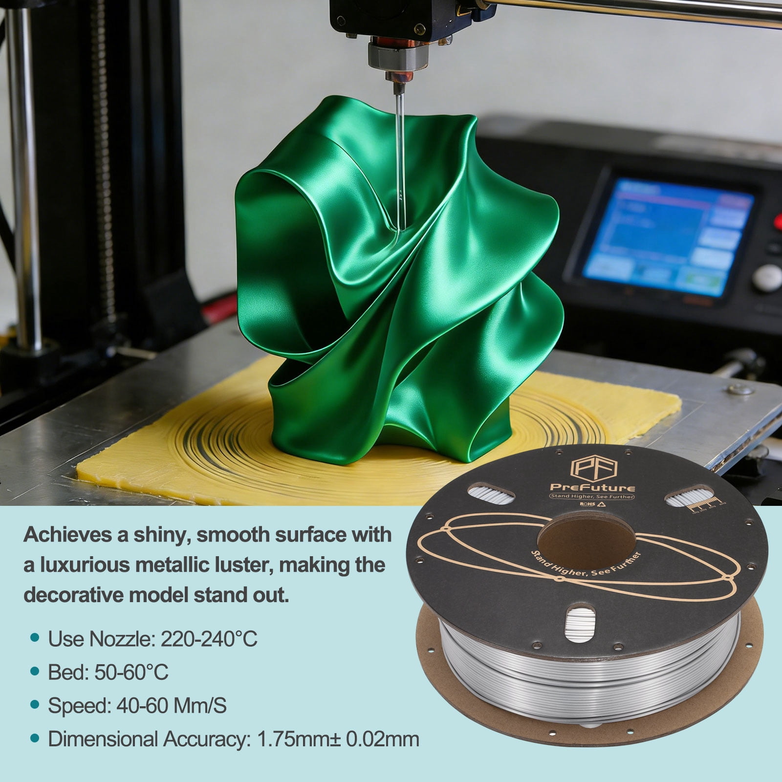 Uxcell Silk PLA Filament 1.75mm 1KG/2.2LB High Shine 3D Printer Filament, Enhanced Toughness, Dimensional Accuracy +/- 0.02mm for 3D Printer, Silver