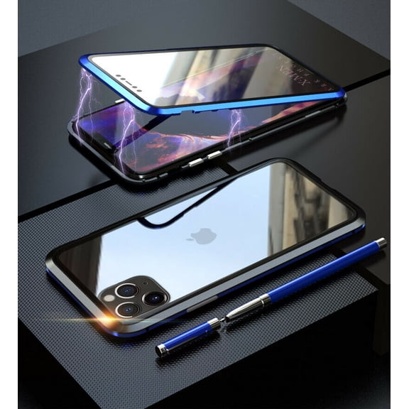 Magnetic iPhone 12 Case (Blue) Double Sided Tempered Glass Screen Protector Shockproof and Scratch Resistant Protection