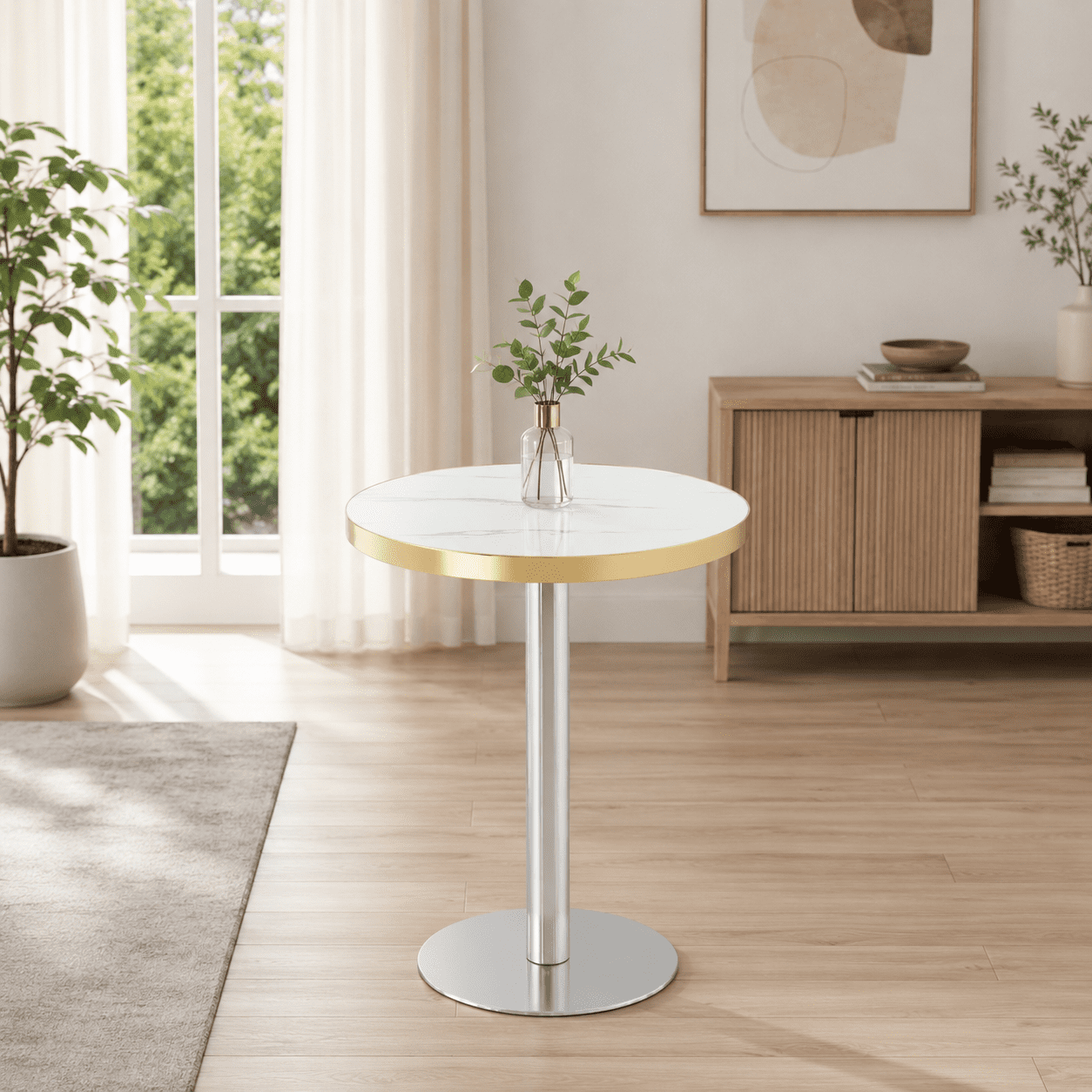 23.6" Round Light Luxury Coffee Table, UV Paint MDF Marble Texture Countertop with Stainless Steel Edging, Sturdy Metal Leg Side Table for Living Room Bedroom Entryway Office
