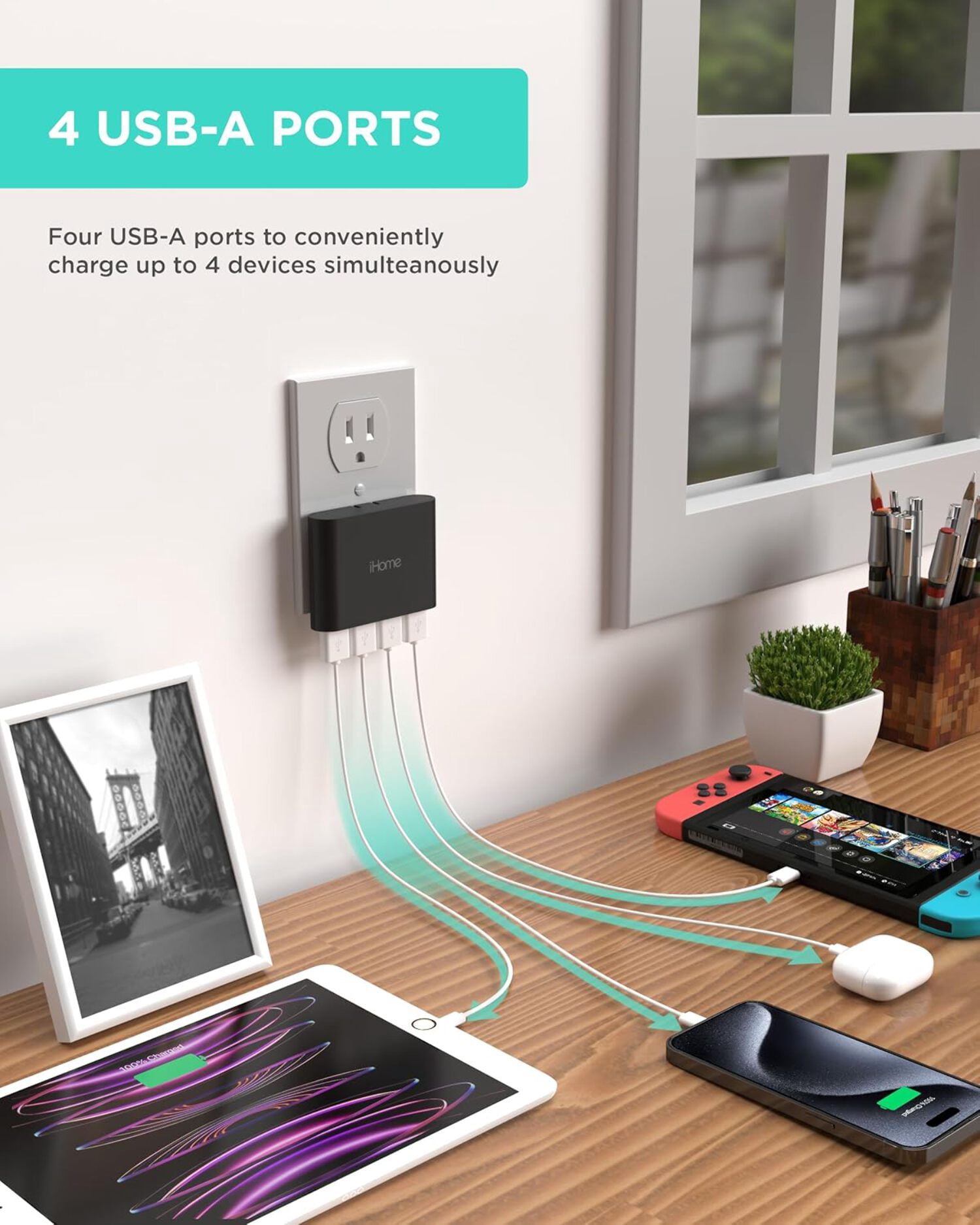 iHome Slim 4-Port USB Wall Charger, AC Pro Multiport Plug Adapter, Phone Charging Block with 4 Ports, Flat USB Wall Adapter for Home  Travel