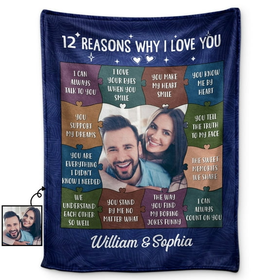 Custom Photo 12 Reasons Why I Love You - Birthday Gift For Spouse, Husband, Wife, Couple - Personalized Fleece Blanket