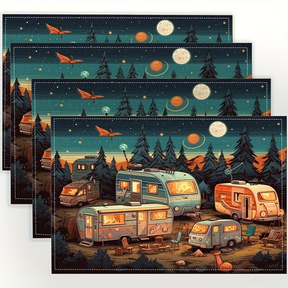 Campfire Rv Sunset 4 PCS of Placemats 12x18 River Mountains Woodland Place Mat for Dining Table Cartoon Camping Camper Non Slip Table Mats Natural Red Black