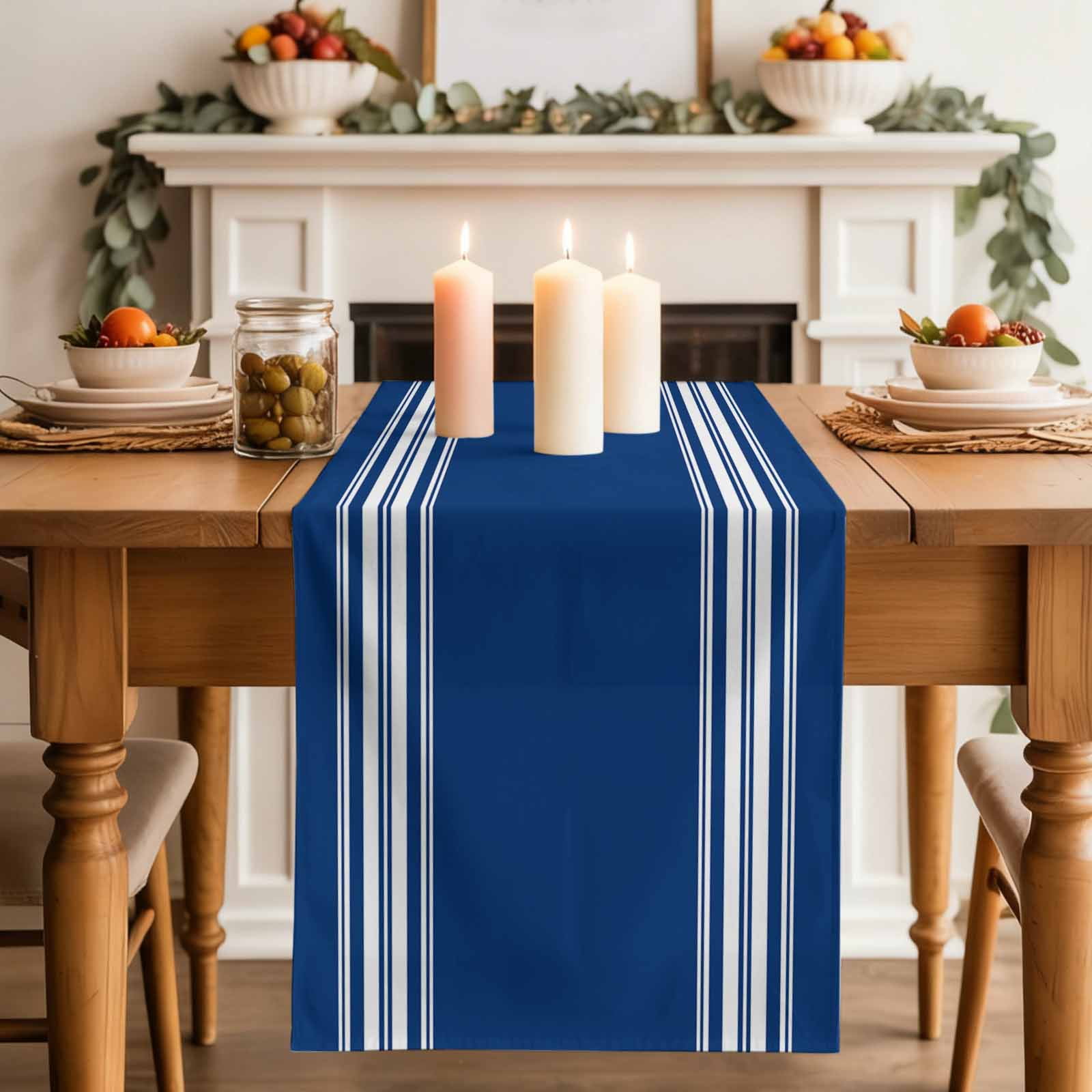 Blue Striped Table Runner, Farmhouse Blue White Stripes Washable Cotton Linen Table Runners 108 Inches Long, Dresser Scarf Runner for Dining/Living Room/Kitchen/Square Tables 13''x108''
