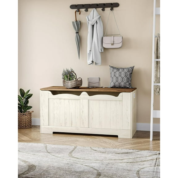 Storage Chest, Storage Trunk with 2 Safety Hinges, 39.4" Lift-Top Storage Bench, Wooden Storage Organizer, Shoe Bench for Entryway, Bedroom, Living Room, White and Brown