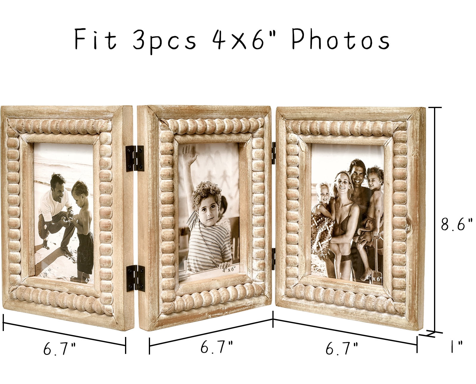 MODE HOME Rustic Distressed 3 Photos Folding Picture Frame Collage with Decorative Wood Beads, 3 Picture Frames 4x6 for Table or Wall Hanging, Farmhouse Gift Idea for Family and Friends