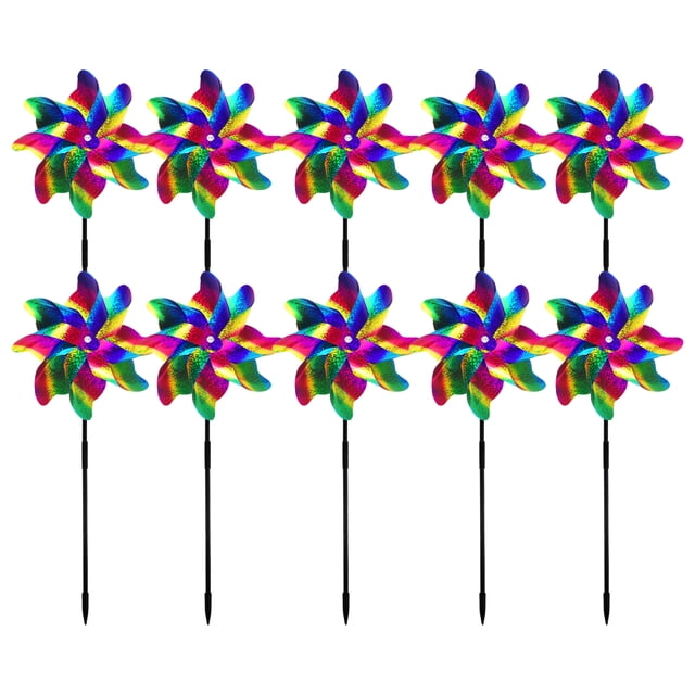 Sparkly Rainbow Pinwheels, Reflective Wind Spinner for Yard and Garden, Effective Bird Repellent Durable Construction, Easy To Install Plastic Rainbow Windmill for Lawn Patio (10 Pcs)