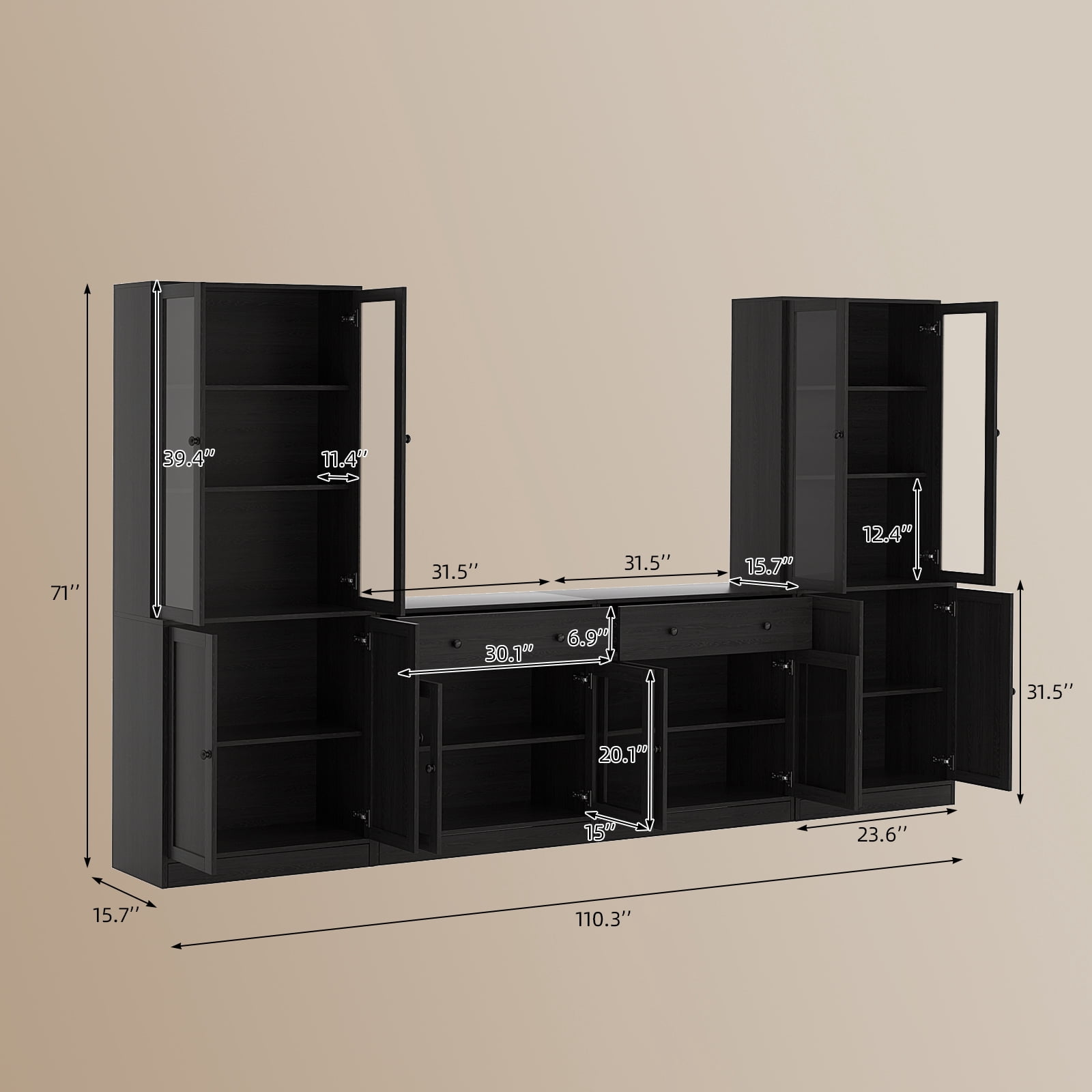 RichYa 4Pcs Kitchen Pantry Storage Cabinet,Modular Furniture Cabinets with Display Glass Doors,Hutch Buffet Cabinet with Drawers for Dining Room,Black