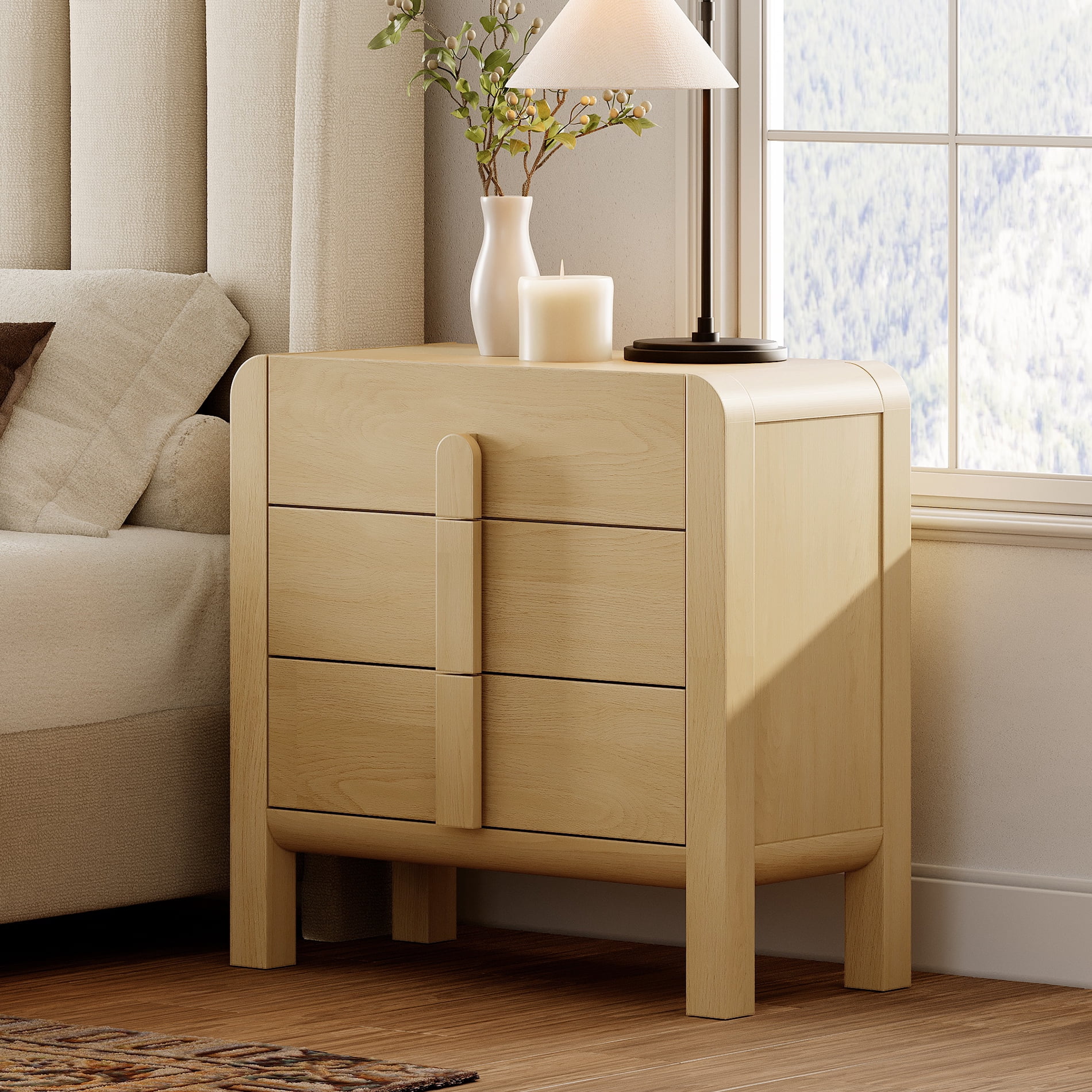 Mid-Century Modern Wood Nightstand Set of 2 with 3 Drawers ,31.5" Large End Table,Curved Bedside Table Storage Cabinet for Bedroom, Living Room,Entryway