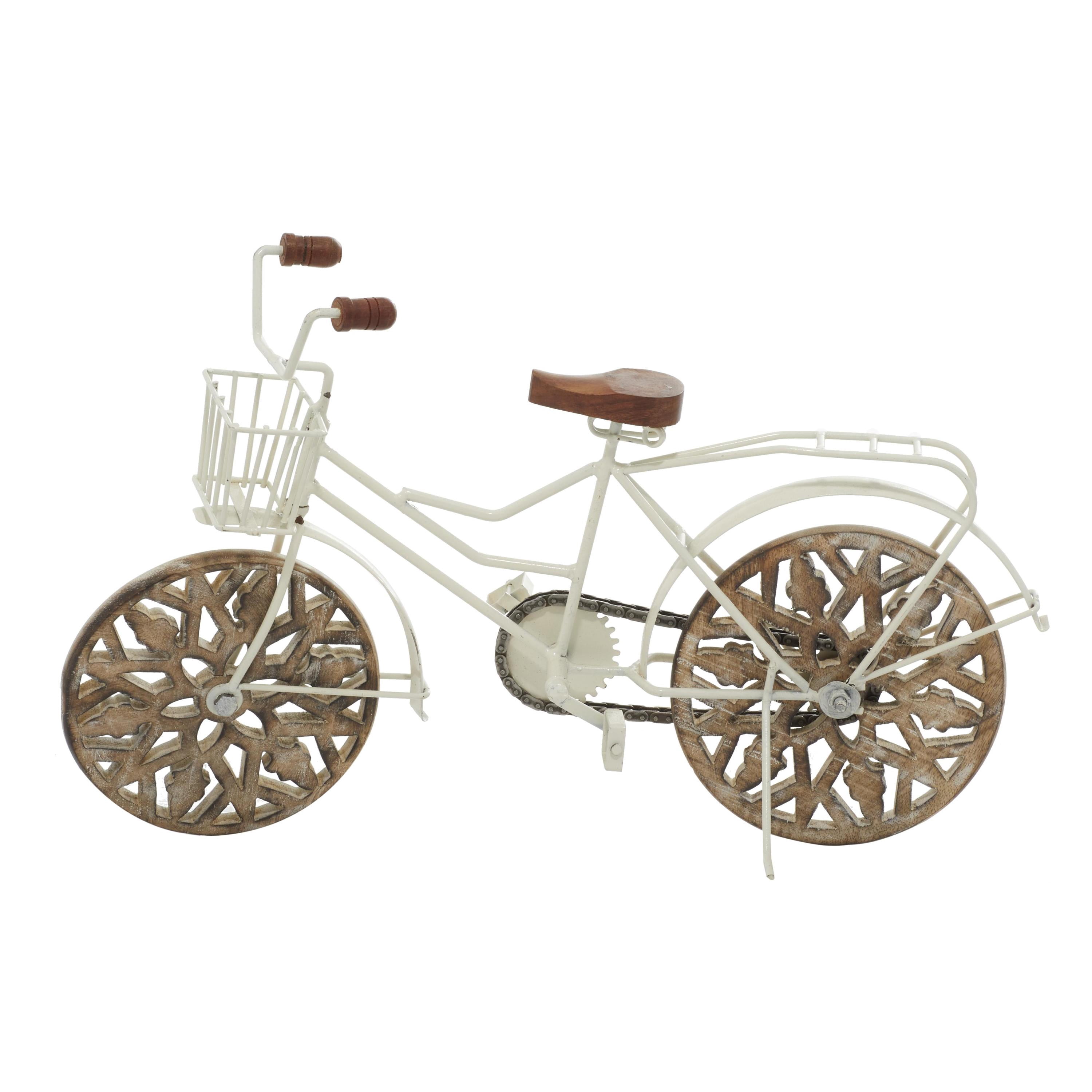 19" x 12" White Metal Bike Sculpture with Carved Wood Wheels, by DecMode