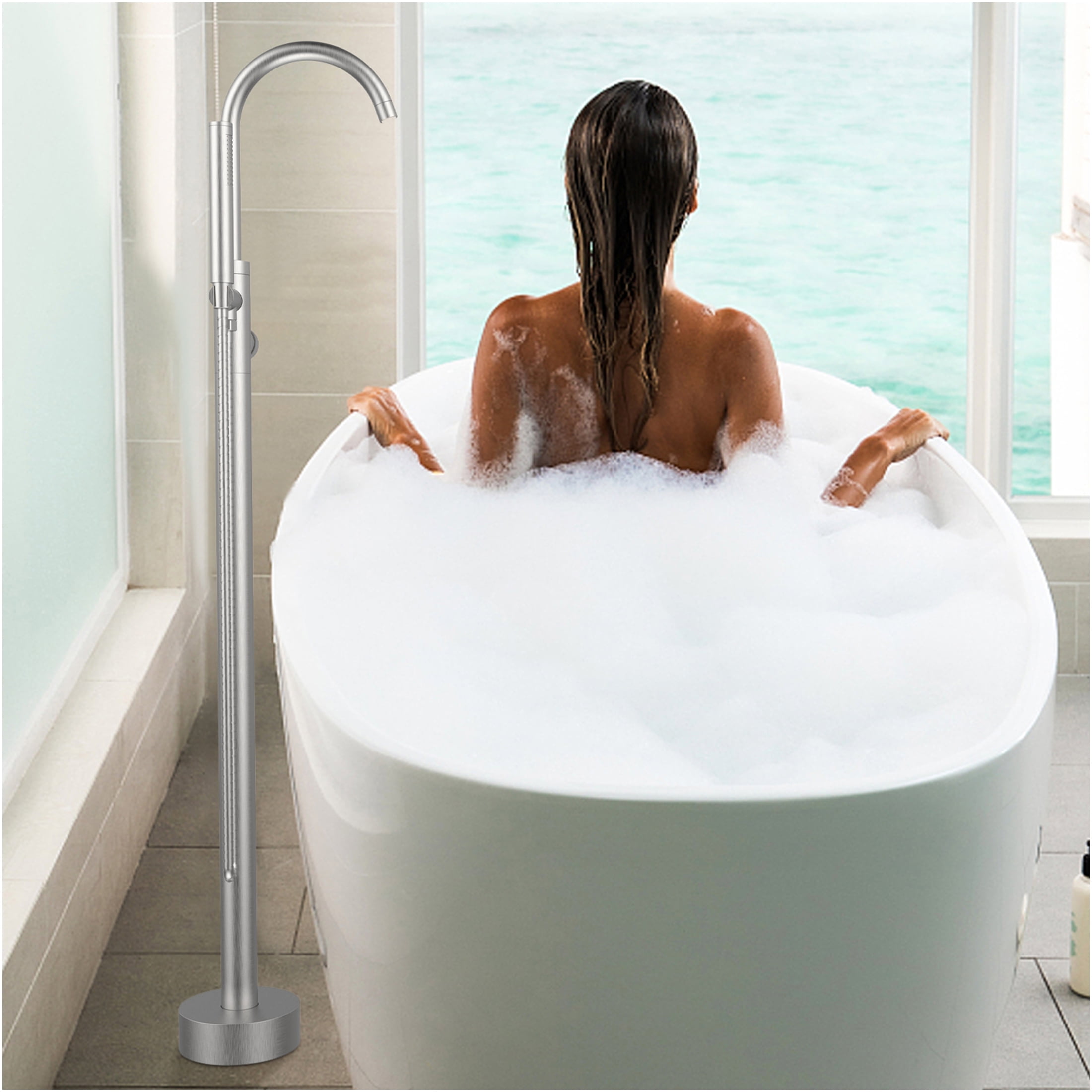 JERFIT Freestanding Bathtub Faucet with Hand Shower, Brushed Nickel Floor Mount Tub Filler, Single Handle High Flow 6 GPM, Solid Brass Core