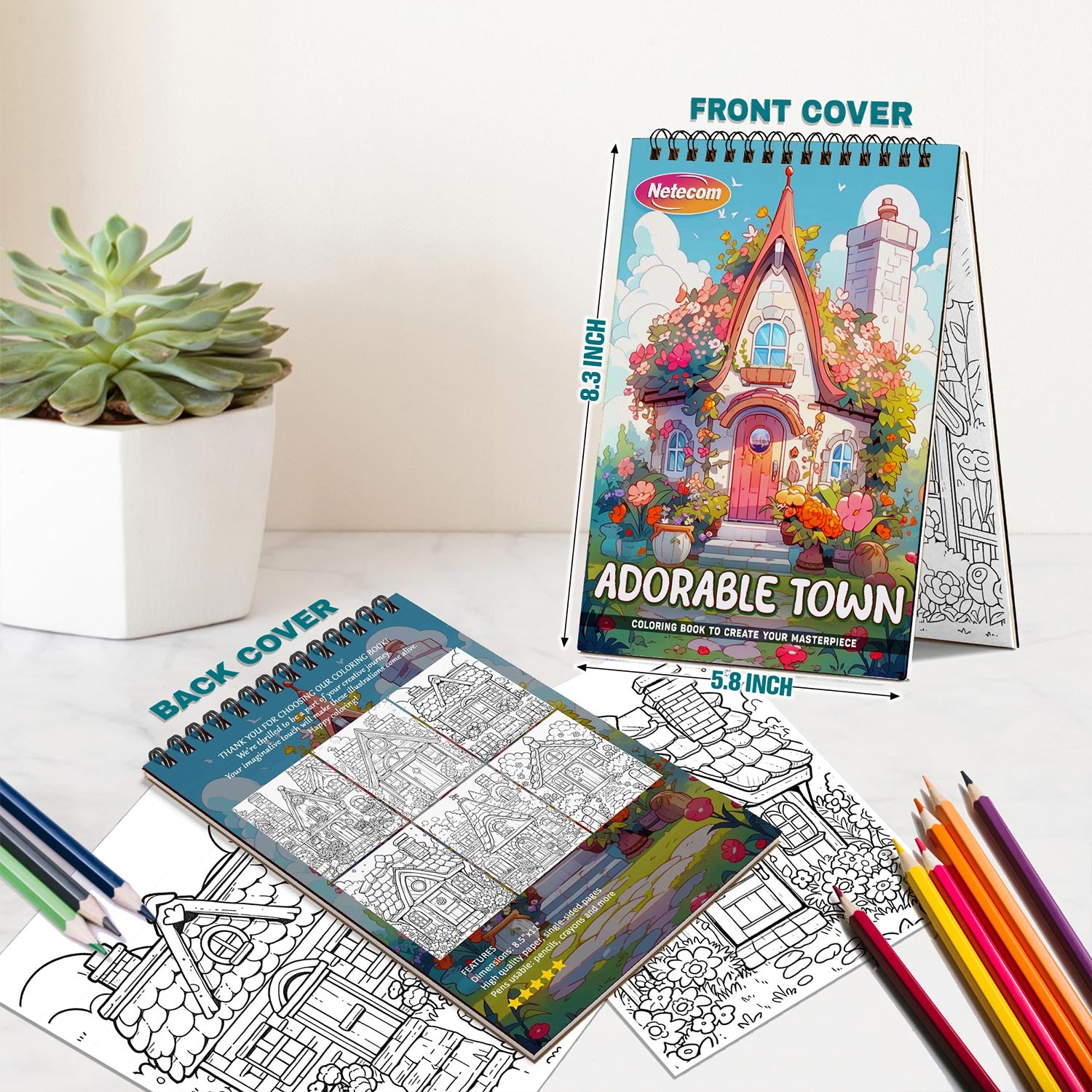 Netecom Adorable Town Spiral Bound Coloring Book for Adults, A5 Wooden Cover, 30 Charming Coloring Pages of Kawaii World for Stress Relief and Relaxation